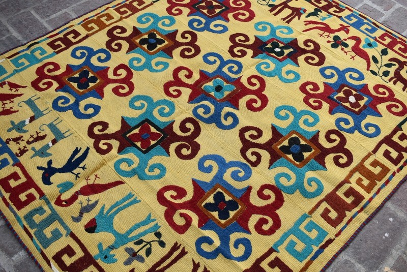 5x6 ft Square Vintage Afghan Suzani Kilim Area Rug Handmade Geometric Yellow Rug gallery