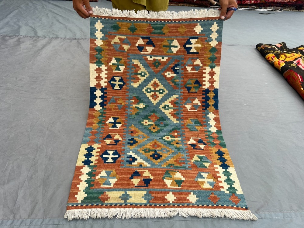 2x3 ft Hand Woven Kilim Rug Flat Weave Turkish Style Small Geometric Area Carpet
