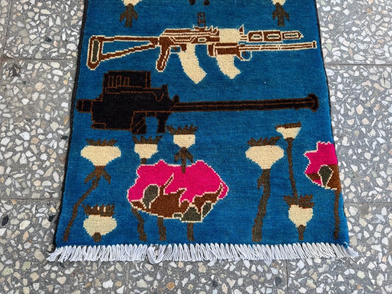 2x3 Afghan Hand Knotted War Rug Helicopter Rifle Blue Wool Carpet New gallery