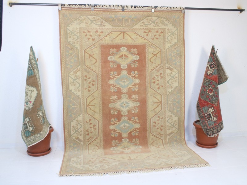 Vintage Hand Knotted Area Rug Red Beige Cream Distressed Wool Carpet 5x8 ft gallery