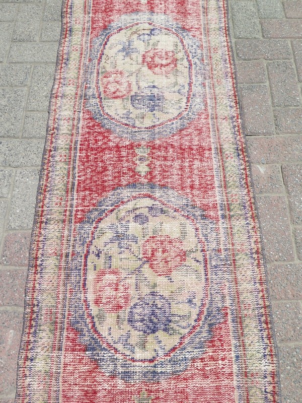 Long Floral Vintage Carpet Runner, Handwoven Distressed Multicolor Rug 26"x109" gallery