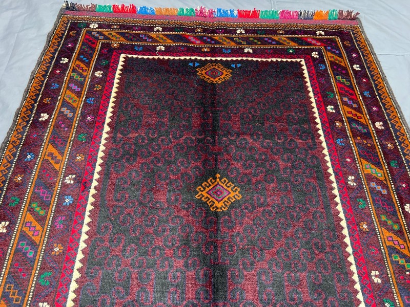 4'3x7'7 ft Vintage Afghan Hand-Knotted Red Geometric & Floral Tribal Design Rug gallery
