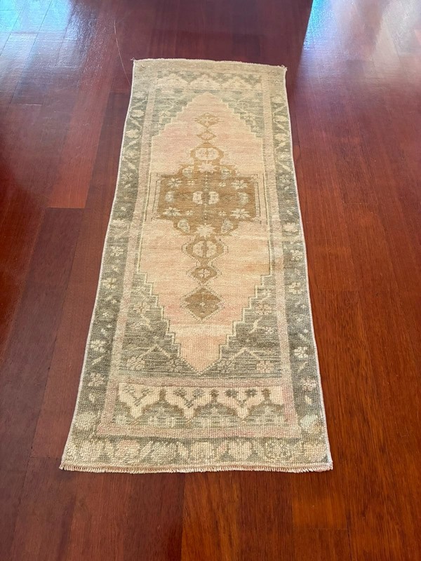Muted Pastel 2x4 Small Runner Pink Green Cream Wool Hand Knotted Vintage Rug gallery
