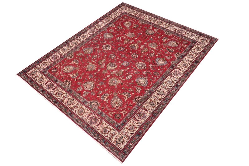 Hand-Knotted Wool Red Blue Rug 9.7x12.9 Allover Red Ivory gallery