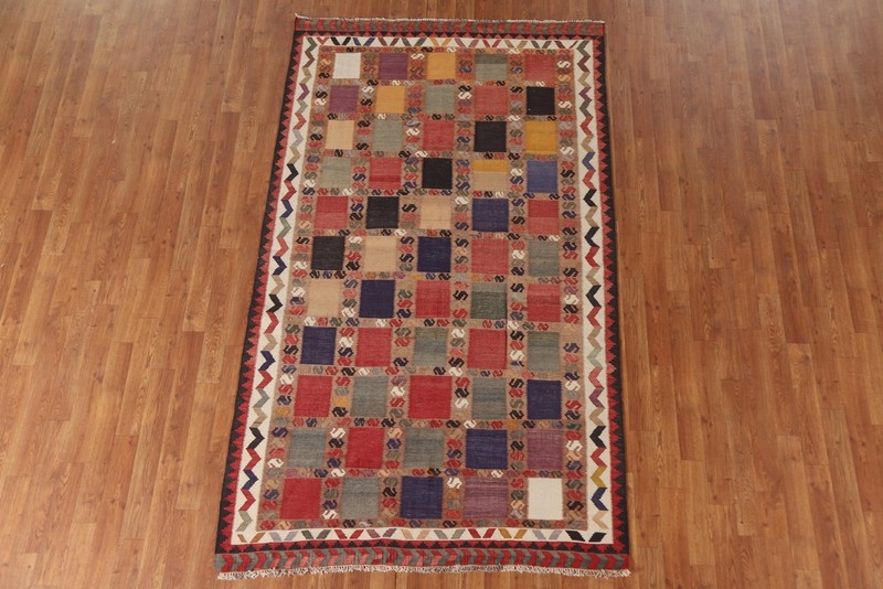 Tribal Checkered Kilim Qqashqaii Area Rug 5x8 Wool Hand-woven Reversible Carpet gallery