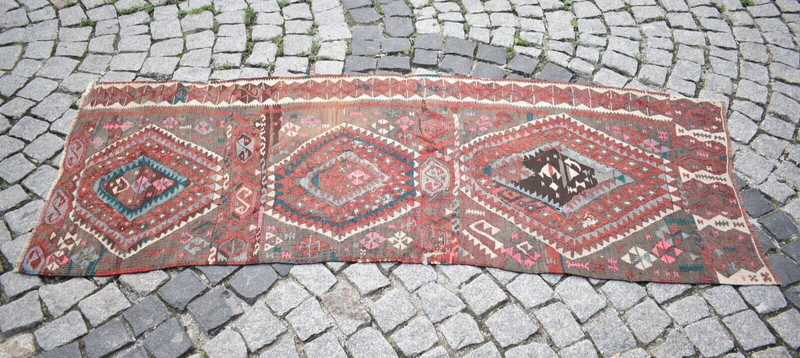Antique Fragment Rug 31'' x 82'' Anatolian Kurdish Rug Herki Worn Rug Wall Rug gallery