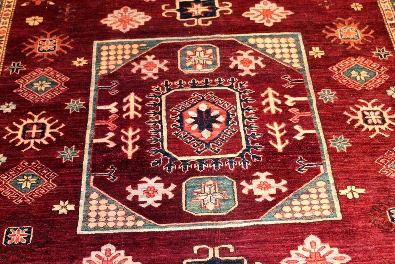 _KAZAK_RUG_HAND-MADE_7 X 9 FT. HAND-KNOTTED-100% WOOL Maroon dark red teal color gallery