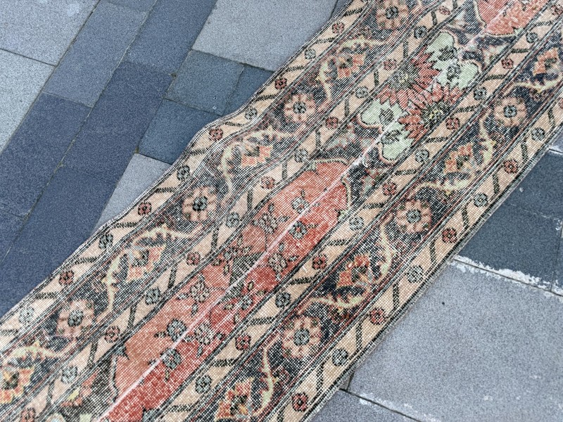 Vintage Turkish Oushak Runner Rug 1.9x12.8 Terracotta Black Hallway Runner Rug gallery