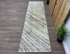 3×9 Check Vintage Turkish Runner, Hand-Knotted Distressed Colorful Oushak Runner