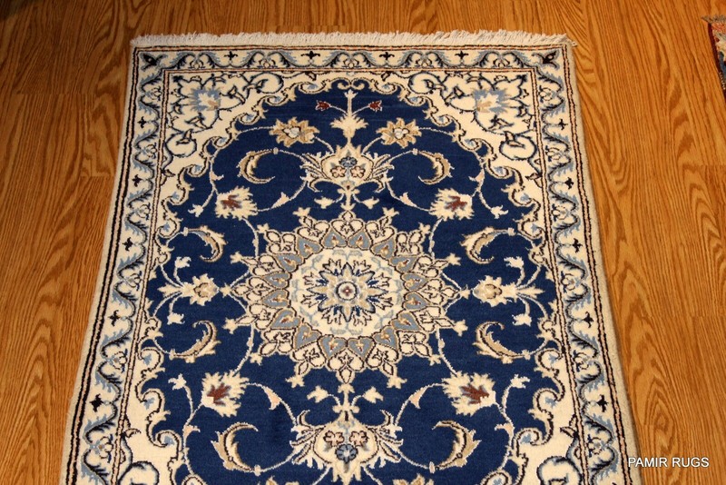 3x5 ft. Fine Quality Genuine NAIN Rug. Wool & Silk Beige Blue Border Rug #2HR gallery