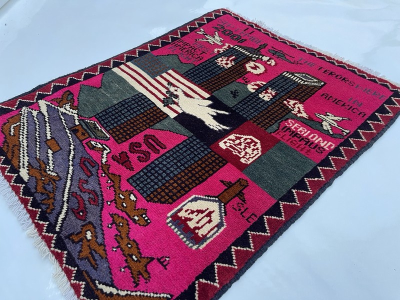 77x60cm Handmade rug 9/11 twin towers War Rug Afghan War Rug Handicrafts #316 gallery
