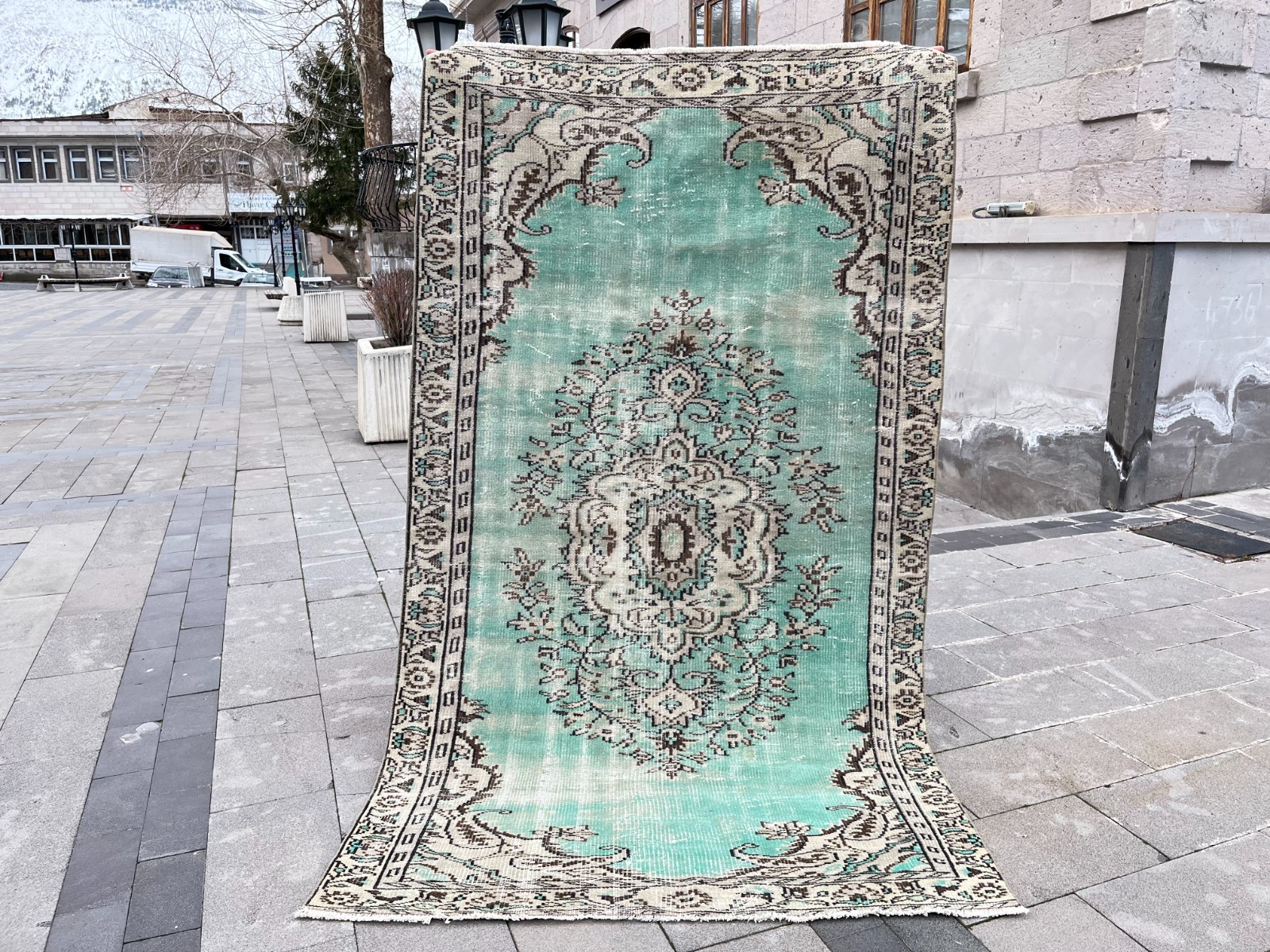 5x8.5 Ft Vintage Turkish Oushak Rug Mint Green Distressed Wool 5x8 gallery
