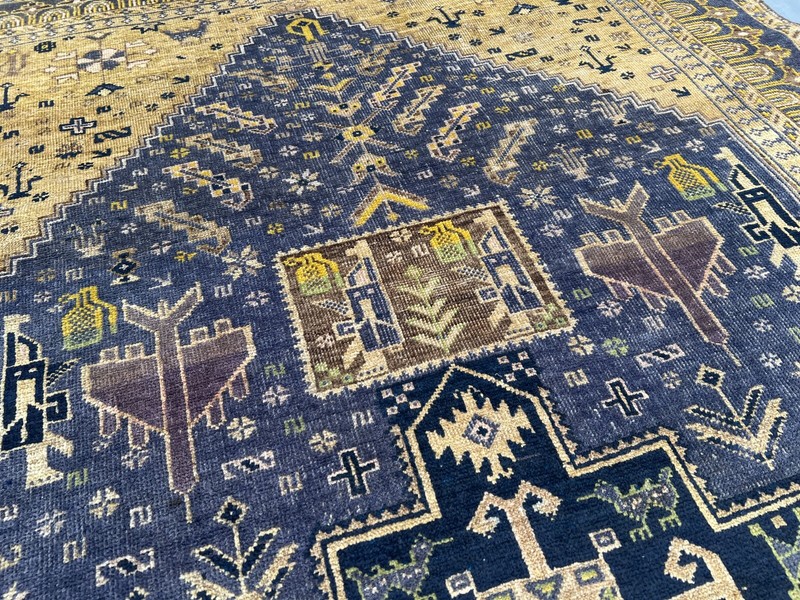 Antique Afghan War Rug 3'9x6'6 – Handmade Wool Tribal Blue Beige Geometric Rug gallery