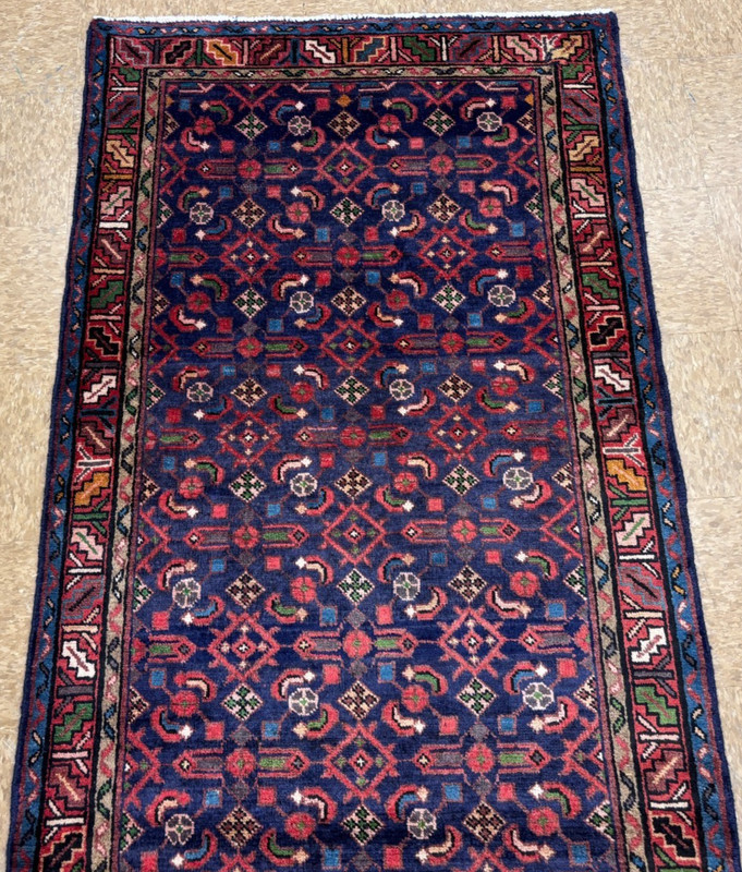 Vintage Hamedan Runner Rug 4x10 Hand Knotted Wool Navy Blue Tribal Oriental gallery
