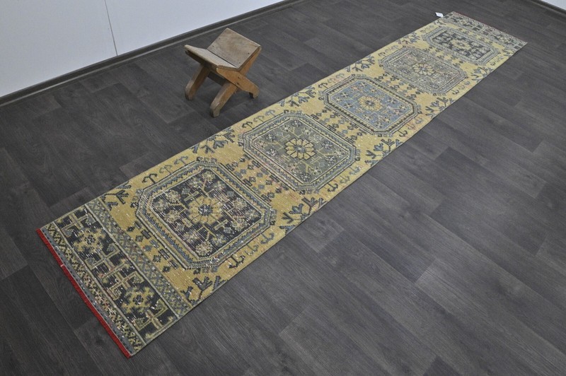 Vintage Turkish Runner Rug 2x11ft Wool Anatolian Handmade Hallway Oushak YELLOW gallery