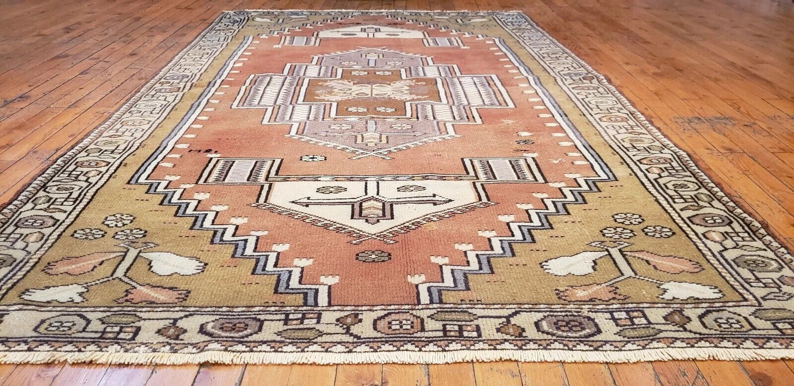 Unique Late 1935'sVintage Muted Natural Dye,Wool Pile Oushak Area Rug 4'x6'8" gallery