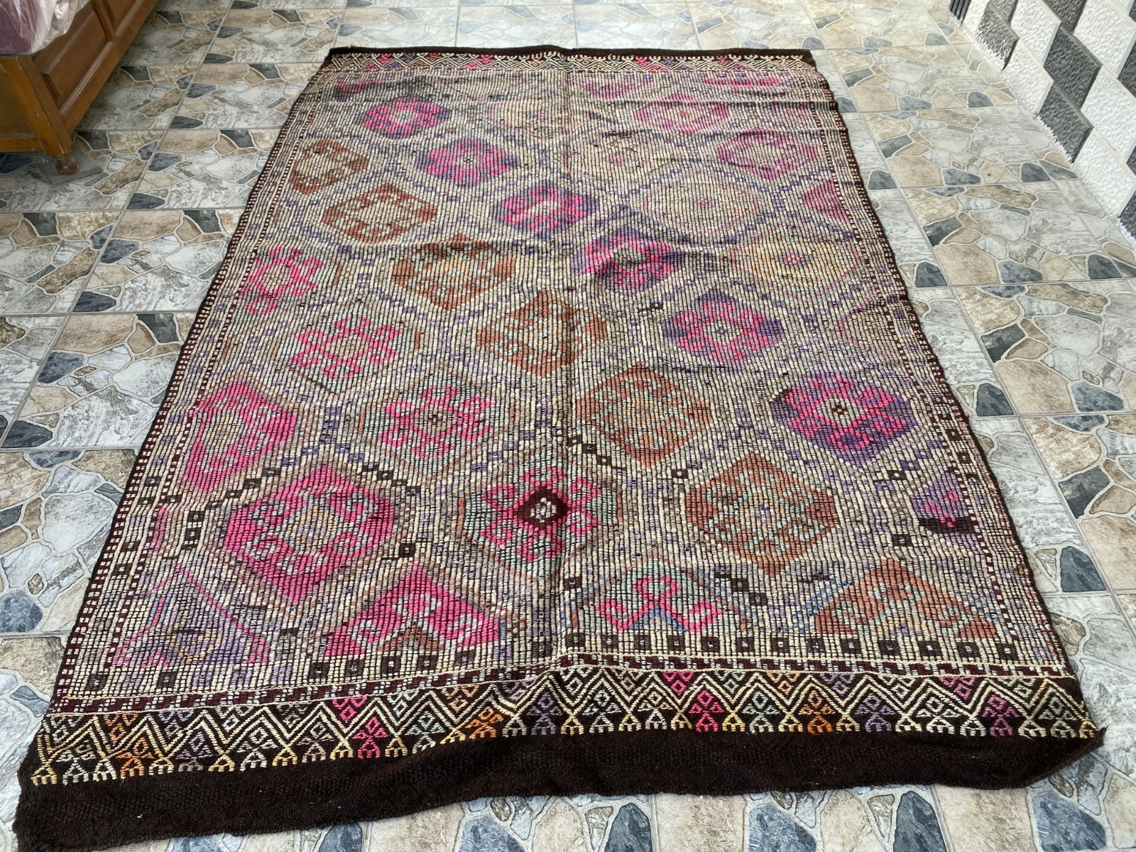 Large Turkish Mut Kilim Area Rug Handwoven Wool 6×8.8 ft Vintage Geometric 1970s gallery