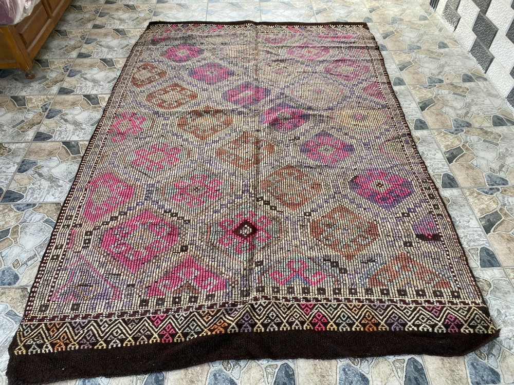 Large Turkish Mut Kilim Area Rug Handwoven Wool 6×8.8 ft Vintage Geometric 1970s