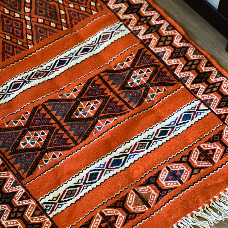 Algerian Traditional Berber Rug - Orange w White red & black colors gallery