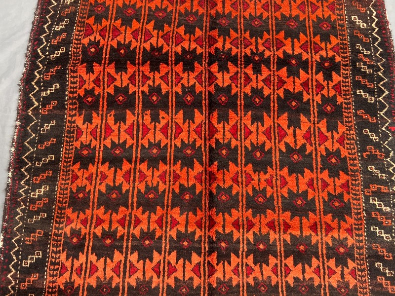 Vintage Tribal Rug 4'5x7'2 Orange Black Hand Knotted Geometric Boho Decor Carpet gallery