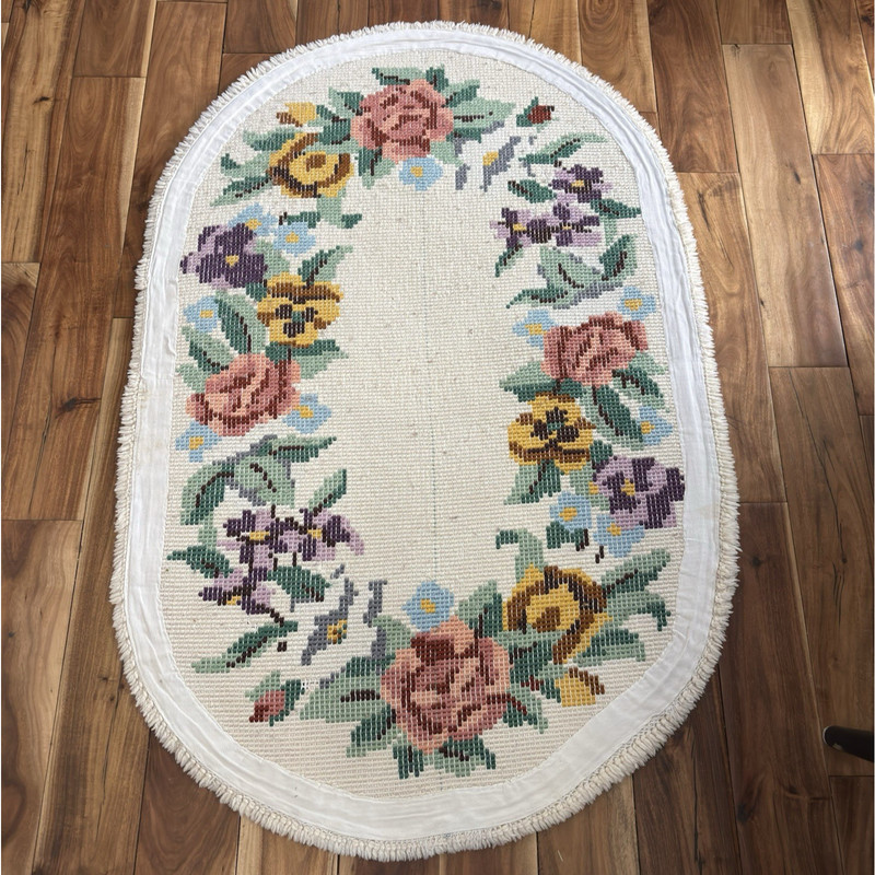 Vtg Floral Handmade Hooked Area Rug Large Oval 51x34 Cottage Country Grandma gallery