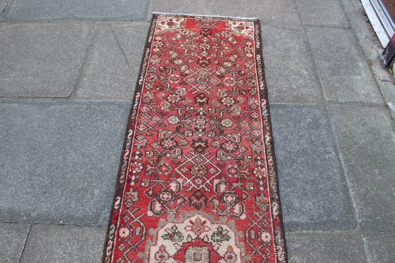 Vintage Worn Hand Made Traditional Oriental Wool Red Long Runner 257x63cm gallery
