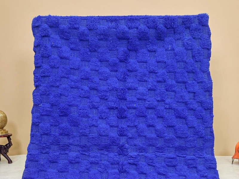 Moroccan Handmade Beniourain Rug 5'2x7'2 Berber Checkered Blue Wool Carpet gallery