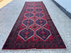 Hand Knotted Afghan Baluchi Runner Rug 5×14 ft Red Geometric Turkmen Long Carpet