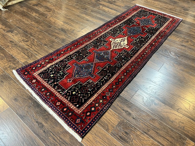Kurdish Senneh Runner Rug 3x9 Red Navy Blue Medallions Wool Oriental Tribal Rug gallery
