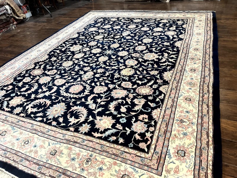 Indo Per'sian Rug 9x12 Navy Blue Ivory Floral Vintage Wool Carpet Handmade gallery