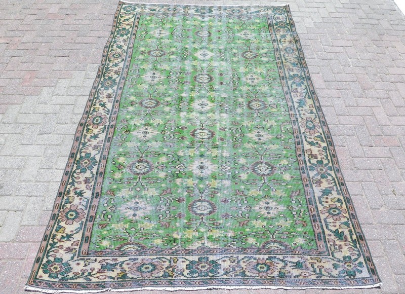 Vintage Turkish Handmade Carpet, Green Large Distresed Wool Floor Rug 74"x115" gallery