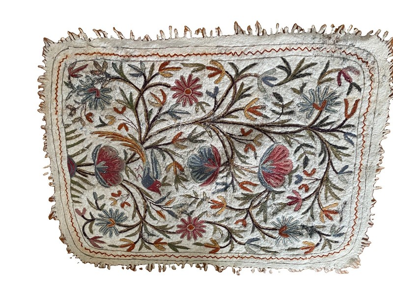 Antique Kashmiri Namada Rug Handcrafted Wool Aari Embroidery Bird Floral Motif gallery