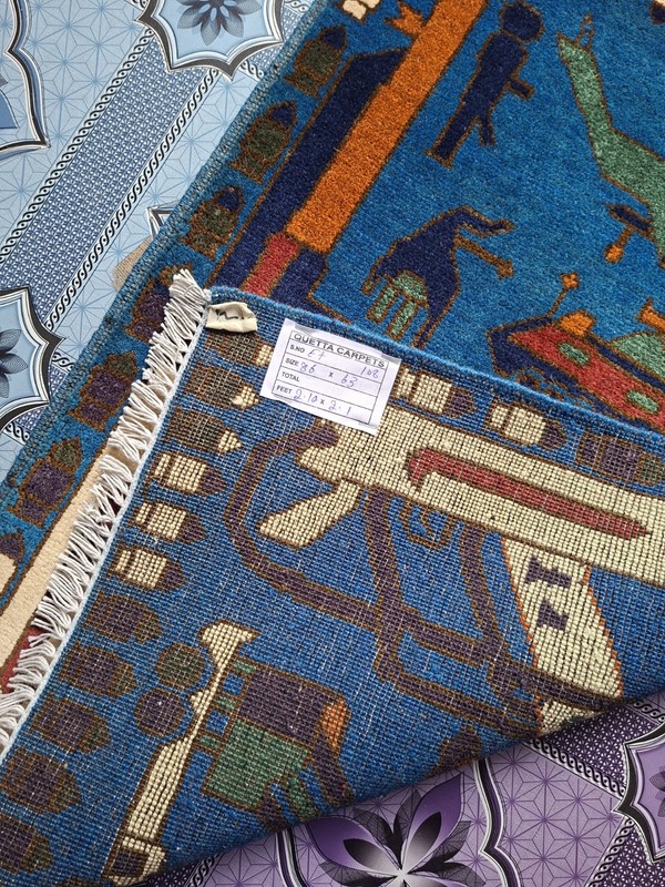 S108 War Rug Handmade Knotted Afghan Tribal Vintage Pictorial 9/11 Rug 86×63 Cm gallery