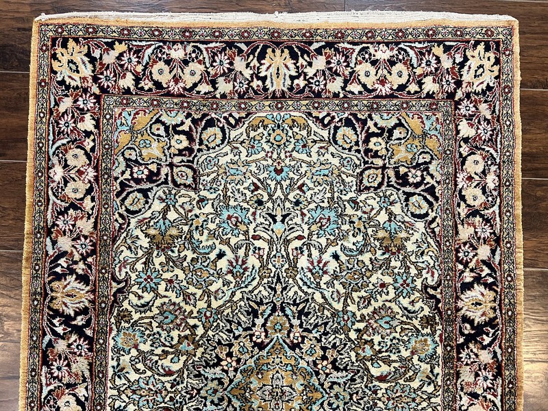 Silk Oriental Rug 4x5 Handmade Vintage Carpet Cream Navy Blue Very Fine 360 KPSI gallery