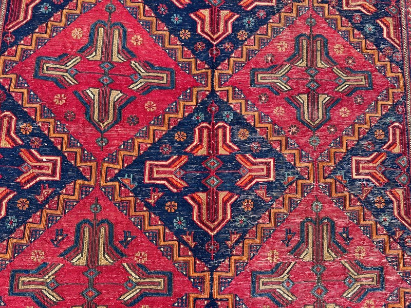 Vintage Afghan Sumak Kilim Rug 5.2x7.4 ft Hand Woven Red Navy Geometric Carpet gallery