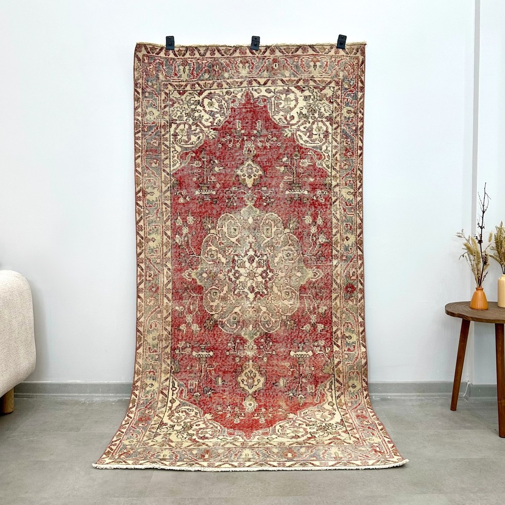 4x7 Red Beige Vintage Turkish Oushak Rug, Handmade Wool Area Rug, Home Decor