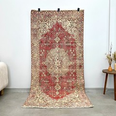 4×7 Red Beige Vintage Turkish Oushak Rug, Handmade Wool Area Rug, Home Decor