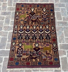 Afghan Handmade Pictorial Rug 3×5 ft Tribal People & Animal Design Wool Carpet