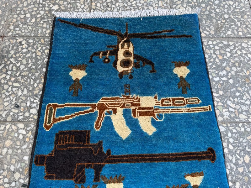 2x3 Afghan Hand Knotted War Rug Helicopter Rifle Blue Wool Carpet New gallery