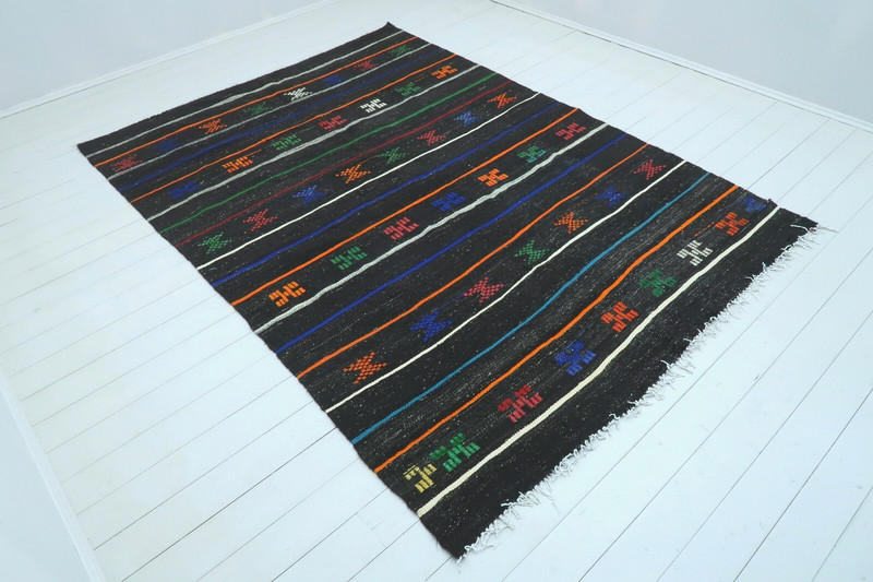 Black Striped Vintage Turkish Kelim, Handwoven Tirbal Large Carpet Rug 79"x111" gallery