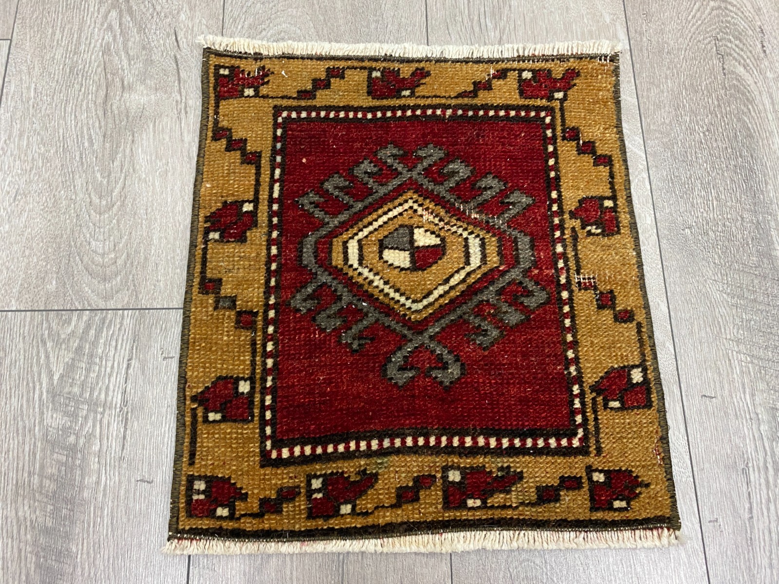 Small Handwoven Red Gold Rug 1.2x1.3 ft Oushak Square Wool Carpet gallery