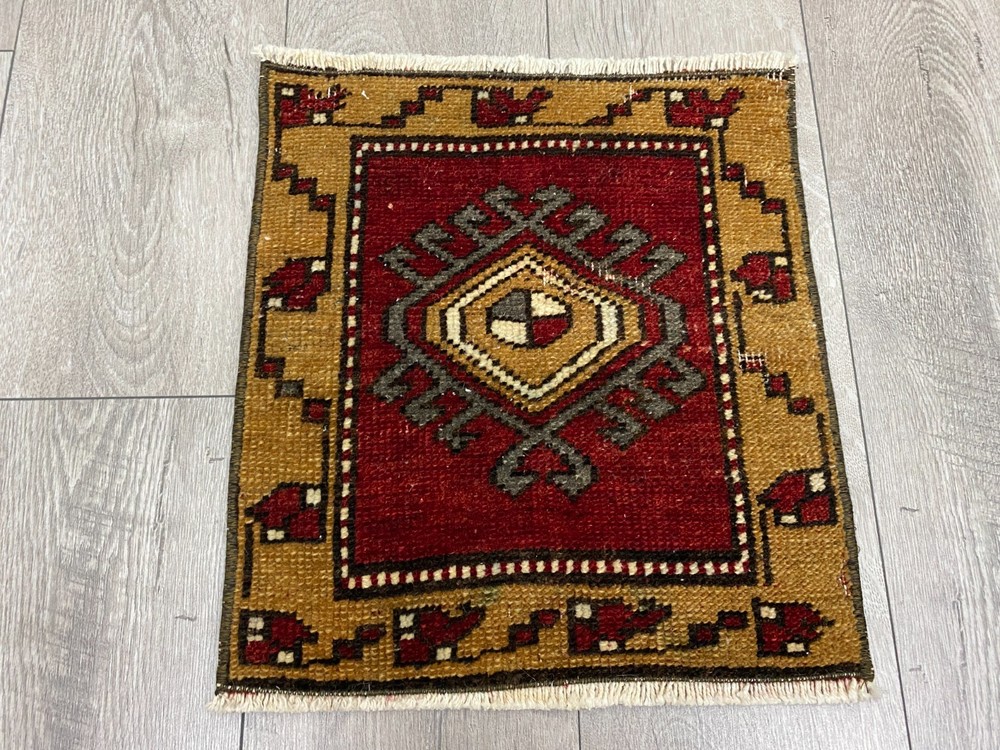 Small Handwoven Red Gold Rug 1.2x1.3 ft Oushak Square Wool Carpet