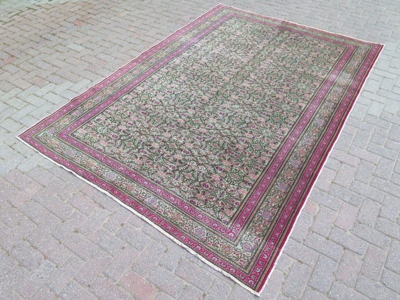 Vintage Turkish Carpet, Pink Green Rugs, Handmade Floor Wool Floral Rug 79"x112" gallery