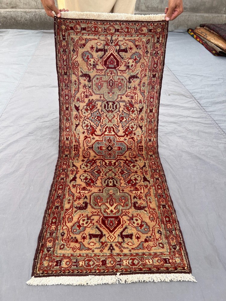 1'11 x 4'4 ft Vintage Afghan Hand Knotted Caucasian Design Wool Medallion Rug