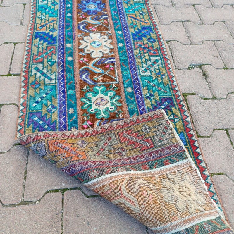 Turquoise Brown 1x4 ft Vintage Turkish Wool Accent Rug For Entryway- Tariff Free gallery