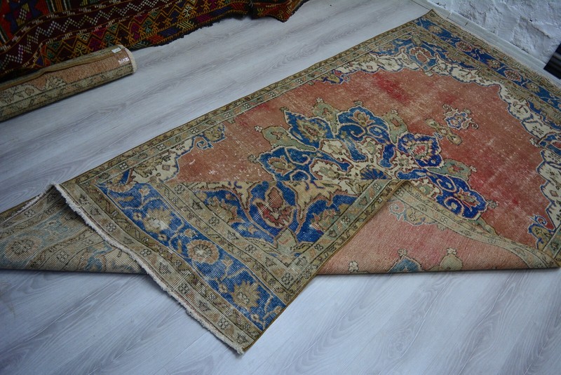Antique Red Handmade Rug, 5.1x10.2ft, Blue Turkish Vintage Medallion Area Rug, gallery