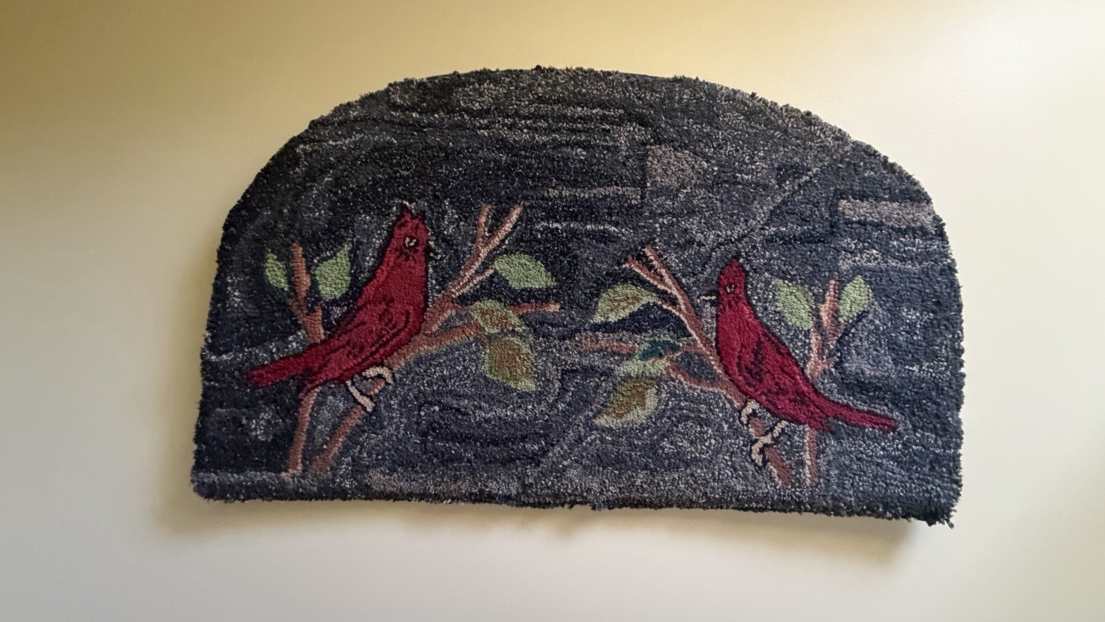Vintage Folk Art Hooked Half-Round Cardinal Hearth Rug Two Red Birds on Branches gallery