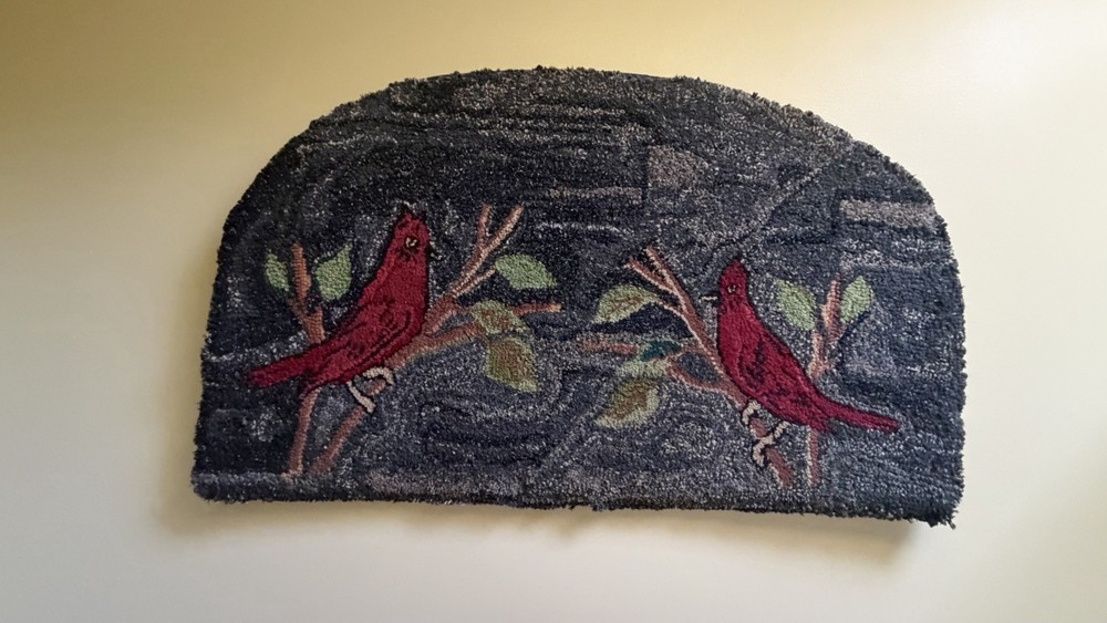 Vintage Folk Art Hooked Half-Round Cardinal Hearth Rug Two Red Birds on Branches