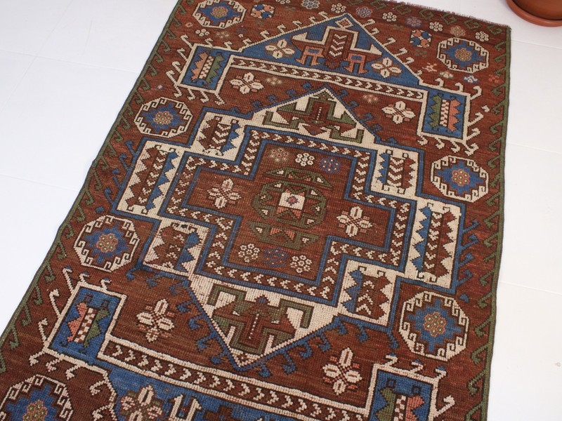 Vintage Turkish Area Rug 4x6 ft | Handmade Wool Red Blue Rug | 126x189 cm gallery
