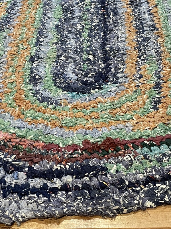 Antique Primitive Hand Woven Braided Rug Blue/Green/Orange Area 4’4”x21” gallery